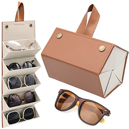 inheming Sonnenbrillen Aufbewahrung, Brillenetui,Brillenorganizer, 5 Fächer PU Leder Faltbare Sonnenbrillenbox Brillenbox für Mehrer Brillen Brillenaufbewahrung