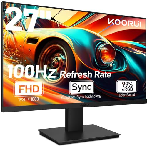 KOORUI 27 Zoll Gaming Monitor mit integrierten Lautsprechern, 100Hz, 1080p Bildschirm Aufhängbar, Rahmenlos, HDMI, Neigungsverstellbar, Augenpflege, VESA-Wandmontage Schwarz
