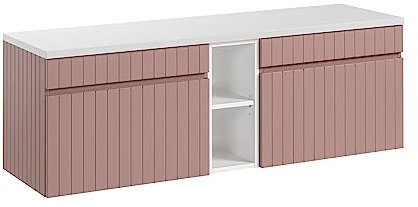 Meuble de lavabo double 140 cm Iconic Rose, meuble de lavabo suspendu, comptoir blanc brillant, couleur rose mat (avec comptoir)