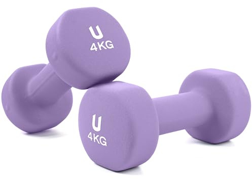 unycos - Par de Mancuernas Antideslizantes de Neopreno, Pesas【4 kg】Ergonómicas con Diseño Redondo y Anti-Rodadura, Resistentes, Ideales para Entrenamiento de Fuerza y Gimnasio en Casa (Morado)