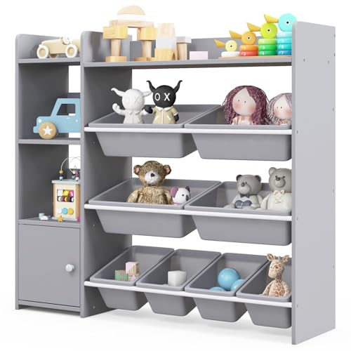 Costzon Kids Toy Storage Organizer, 4-Tier Kids Bookshelf Storage Cabinet w/8 Removable Bins, Preschool Children's Montessori Bookshelf w/Large Cabinet for Playroom, Daycare, Kids Room, Classroom
