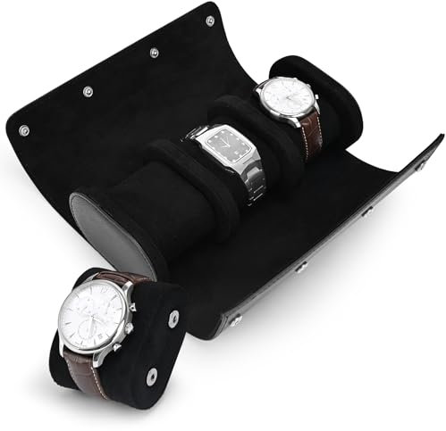 Jucreevii Boîte à Montres 3 Fentes Montre Rouleau Étui de Voyage Homme Pu Leather Rangement pour Montres Portable Affichage Organisateur Stockage avec Oreiller Amovible Étui de Montre, Noir