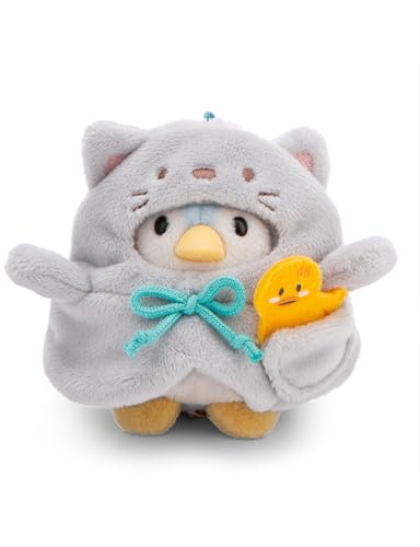 NICI Pinguino Waddle 8cm con anatra & costume da gatto in scatola regalo 8,5x6,5x10cm blu - Simpatico peluchetto con imbottitura morbida per giochi e coccole, perfetto come idea regalo - 61143