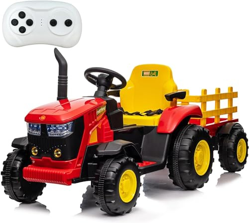 BABYCOCHES - Tractor eléctrico para niños CEBES con batería 12V / Coches eléctricos para niños con Mando Control Remoto, Tractores Infantiles para niños con Remolque Desmontable. (Rojo)