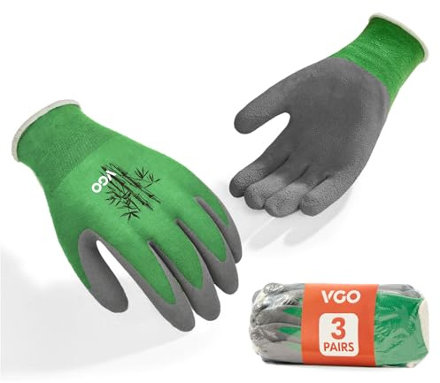 Vgo... 3 Paire de Gants de Travail Enduction Latex Antidérapant & Fibre de Bambou Respirante, Polyvalents pour Jardinage, BTP, DIY & Extérieur... Lavable en Machine (RB6026-FM,Vert,S,3 Paires)