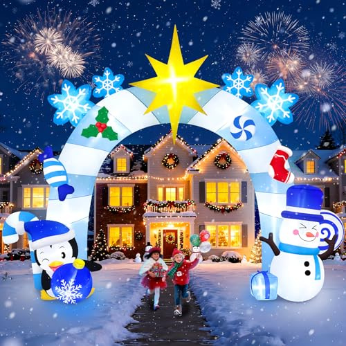 12 piedi Arco Gonfiabile Natalizio, Kalolary Blu Invernale con Pupazzo di Neve Pinguino Arco Gonfiabile Natalizio Decorazione per Esterni Casa Feste Prato Giardino Centro Commerciale Strada