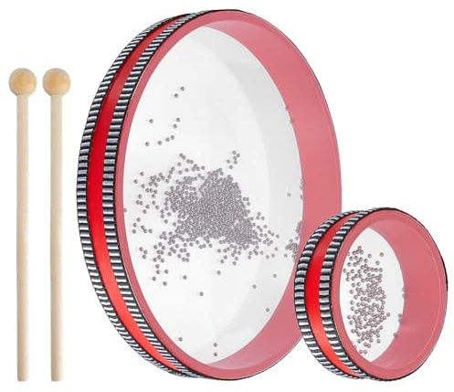 OLYCRAFT 2 Pcs Ocean Drums with 2 Pcs Wood Drumstick 10/25cm Wave Bead Drums Sea Sound Drum with Wave Beads Sea Sound Musical Percussion Instrument for Home Supplies(Red)