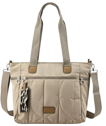 MODELISA - Bolso Tote Grande Bandolera Ajustable, Múltiples Bolsillos con Cremallera, Estilo Acolchado para Mujer (Beige)