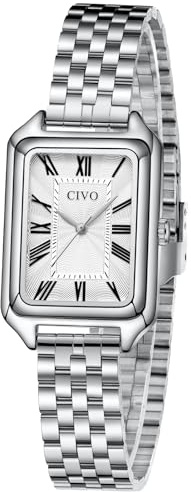 CIVO Reloj Mujer Plateado Vintage: 32mm Caja Rectangular con Números Romanos - Relojes de Pulsera Acero Inoxidable Analogico de Cuarzo para Mujeres Regalo Aniversario