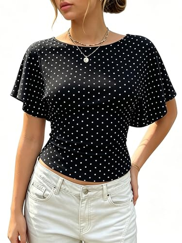 Lodnrimya Womens Summer Polka Dot Wrap Tops Y2k Short Sleeve Boat Neck T-Shirt Slim Fit Stretch Crop Tops Vintage Going Out Blouse