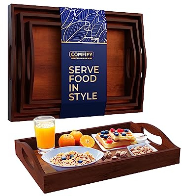 Comfify Bamboo Serving Trays – Set of 3 Ottoman Trays for Food, Entertaining, and Decor – Minimalist Brown Finish