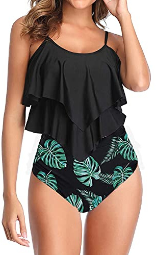 OAMENXI Swimsuit for Women Top Ruffled High Waist Swimwear Two Pieces Bathing Suits Bikini Sets Swimming Costume (Topblackleaf, XL)