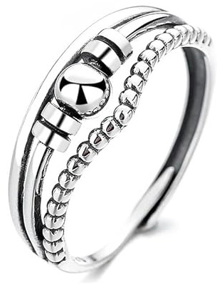 Qings Anello Ansia Antistress per Donna Argento Sterling 925 Anelli Fidget Anxiety Stress Relief Rings con Rotante Perline Anello Retro Regolabile Aperto per Ragazza Uomo