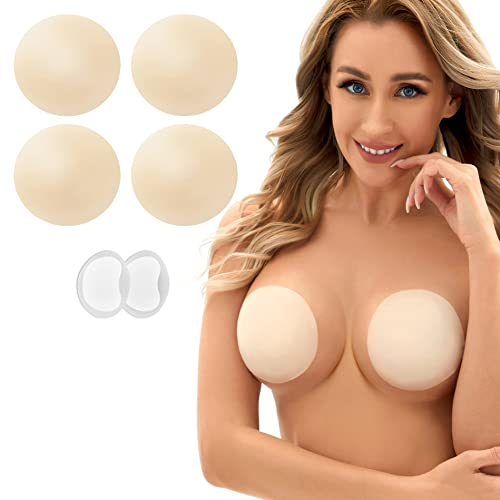 Bafully Breast Lift Silicone Nipplecovers Pasties Adhesive Strapless Backless Reusable Sticky Invisible Bra (10CM(D+ Cups), Beige)