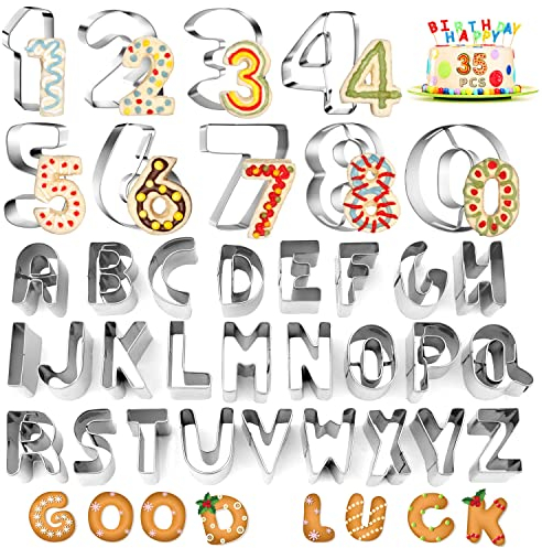 Septeamay 35 Stück Buchstaben und Zahlen Ausstecher für Fondant, Ausstechformen Set Edelstahl Plätzchenformen, Buchstaben Ausstecher für Kinder Ostern Sandwich Backen Kuchen Keks Dekoration