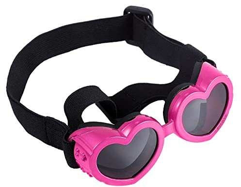 KINBOM Hundebrille für Kleine Hunde, Winddichte Hundebrille Verstellbare Hochelastische Hunde Sonnenbrille in Herzform Sonnenfest Wasserdicht Staubdicht Haustierbrille, Rosa