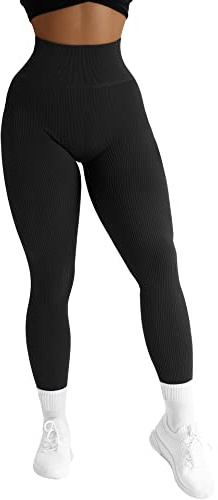 RXRXCOCO Legging de sport côtelé taille haute pour femme - Long - Opaque - Sans coutures - Pantalon de sport - Pantalon de sport - Pantalon de course moulant, Noir , M