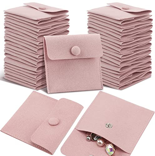 Bonuci Microfiber Jewelry Pouch 8x8cm, Jewelry Packaging Bag Luxury Small Gift Bags Package Snap Button with Divider Microfiber Bag for Bracelet Necklace Packaging(Pink,40 Pcs)