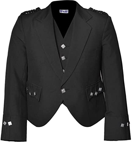 CELTIC PRO Scottish Argyle Kilt Jacket with Waistcoat - Timeless Scottish Elegance for All Your Prestigious Formal Occasions. (Black, 42 - Sleeve R)