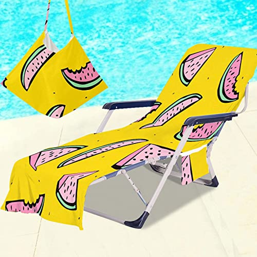 Surwin Sun Lounger Beach Towel with Pockets, Tropical Fruit Print 3D Summer Beach Chair Cover Chaise Lounge Towel Cover Mate Sunbed Towels For Holiday Garden Outdoor Pool (75x210cm,Yellow)