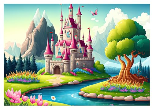 WallArena - Carta da parati fotografica in tessuto non tessuto, per cameretta dei bambini, 312 x 219 cm, motivo: castello, fiaba, fantasia – Carta da parati fotografica per bambini – Carta da parati