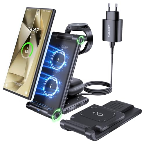 MANKIW Cargador Inalámbrico para Samsung, 3 En 1 Estación de Carga Inalámbrica, Base Cargador portátil para Galaxy S25 S24 S23 S22 Ultra Z Flip Fold 6/5/4/3Galaxy Watch 7/6/5/4/3Buds