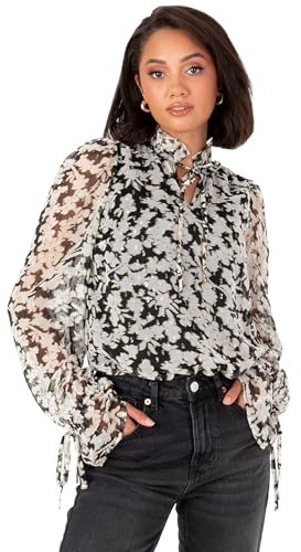 Lovedrobe Chemisier à col Profond pour Femmes Top décontracté à Manches Longues avec Revers imprimé Floral Trou pour clé nœud Papillon détail vêtement de Bureau, Noir 40, Noir, 42