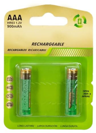 Batería Recargable AAA 900mAh 1.2V, Pack de 2 Unidades, Ideal para Dispositivos electrónicos y Juguetes.