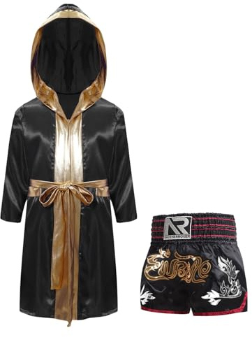Runhomal – Conjunto de pantalones cortos de boxeo para niño, bata de entrenamiento, boxing MMA Muay Thai Combat Sport 5-16 años, B Negro, 9-10 Años