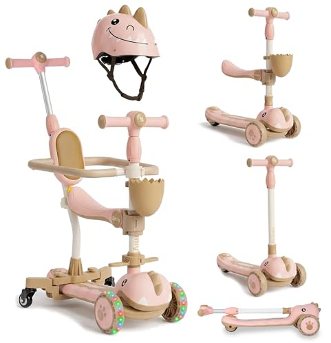 Twinly - Monopattino per bambini evolutivo 3 in 1 DINLY, multifunzione, corrimane Monopattino per bambini, Scooter con casco da 1 a 6 anni + LED funzione bici da bilanciamento - 30 kg (Rosa)