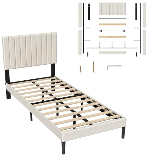 UISEBRT Cama tapizada de 90 x 200 cm – Marco de cama con botones – Estructura de cama con cabecero tapizado de terciopelo tapizado – Somier de listones de madera, cama doble para adultos, diseño