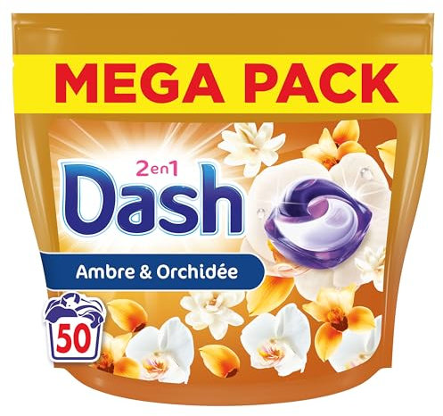 Dash 2-en-1 PODS Lessive En Capsules, 50 Lavages, Ambre et Orchidée, Ultra Nettoyant Et Fraîcheur Longue Durée, Élimine Les Saletés et Taches, Fabriqué en France