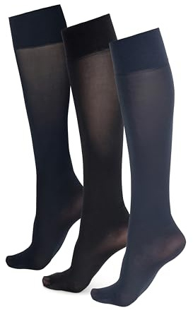 NOQ Damstrumpor damer knähöga enkla 40 DEN ogenomskinliga mikrofiber matt klassisk med komfort topp one size strumpor Marta, 3-pack Nero/Marinblå/Bluemarino, One Size Short