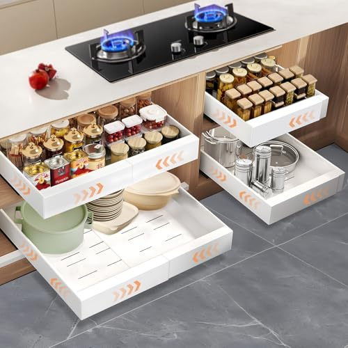 2 Stück Teleskopschublade, Ausziehbare Schublade Küche, küchenschrank organizer, Pull Out Cabinet Organizer, 32-51cm Verstellbare Breite Cabinet Organizer, mit Klebefolie, Kein Bohren (Milchig weiß)