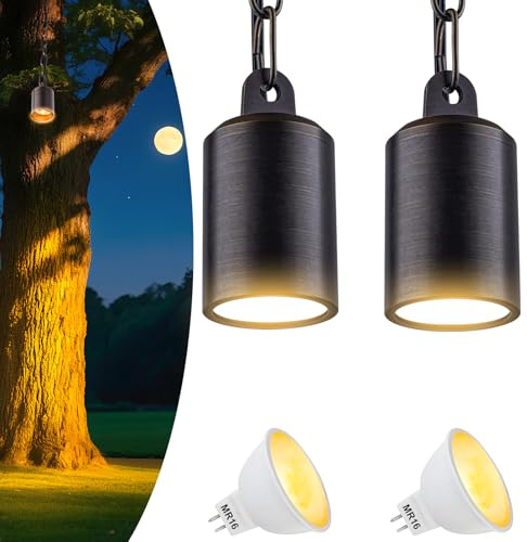 Makergroup Low Voltage Brass Hanging Lights Outdoor, 12V Landscape Pendant Tree Lights, Replaceable GU5.3 MR16 LED Bulb, Soft Warm White 2700K, IP67 Waterproof Design for Garden Yard Gazebo 2-Pack