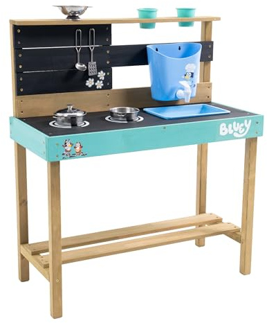 Bluey Wooden Mud Kitchen Outdoor Playset for Kids FSC Certified Wooden Toy with Sink Water Butt Painted Hob Flowerpots Stainless Steel Pans and Utensils Garden Role Play for Ages 3+