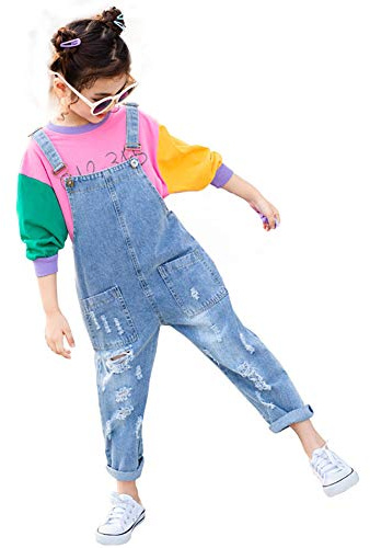 Yao 3-14Years Girls Jumpsuit&Rompers Bib Overalls Adjustable Distressed Denim Jeans(Basic,7-8y)