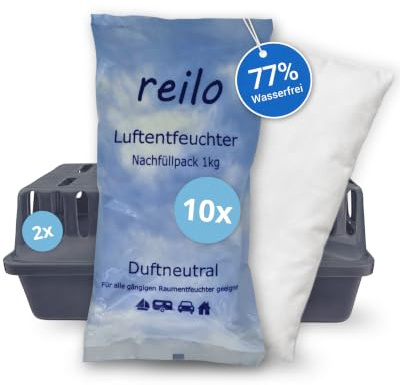 reilo Luftentfeuchter-Komplettset, 2x XXL Raumentfeuchterbox und 10x 1kg Luftentfeuchtergranulat, Raumentfeuchter im Vliesbeutel, Staffelpreis, für Auto, Schlafzimmer, Keller