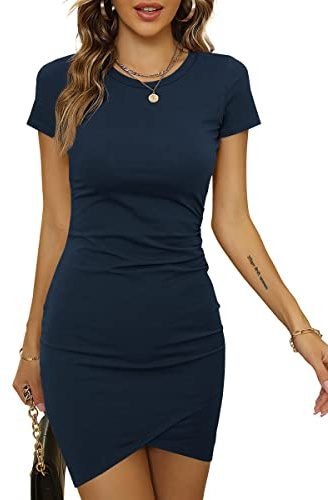 Laughido Femme Robe Moulante T-Shirt À Manches Courtes Mini Robe De Cocktail Froncé D'Été Chic