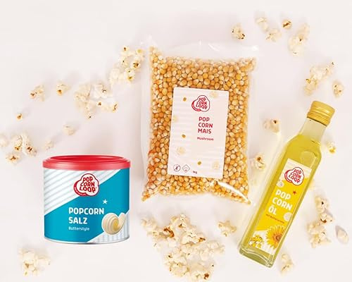 Popcornloop Kit d'ingrédients avec maïs mushroom de 1 kg, sel de pop-corn Butterstly 300 g et huile de pop-corn 250 ml avec arôme beurre, pour pop-corn à la maison, kit de fête pour machine à
