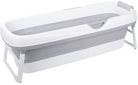 HelloBath® Hopfällbart Badkar XXL 156x60x48 cm för Vuxna | Portabelt Badkar med Nackstöd & Utdragbar Avloppsslang (3 m) | Mobilt för Dusch & Utomhusbruk | Ljusgrå