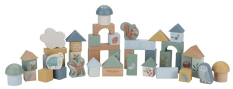 Little Dutch Bauklötze aus Holz Holzbausteine 50 Stück in Aufbewahrungsbox Wald Motive Junge - Forest Friends blau