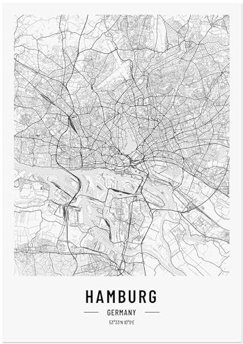 JUNOMI® Hamburg Poster 50 x 70 cm Wohnzimmer Deko, Modernes Väggbild, Hamburg Bild, Väggbild Ohne Rahmen, Stadtplan Affisch Hamburg, Perfekt Presentidé för Hamburgare