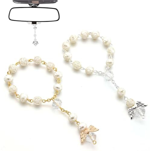FENQURO 2 Pcs Chapelet de voiture pour ange gardien, Pendentif rétroviseur, Décoration intérieure de voiture, Pendentif porte-bonheur, Accessoire de voiture, Cadeau ange gardien