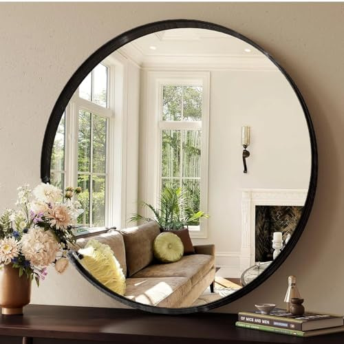 Clevich Specchio da Parete Rotondo Ø60 cm, Lussuoso Specchio Rotondo, con cornice in alluminio spazzolato nero, Specchiera da Bagno, per Trucco, Per bagno, soggiorno, camera da letto