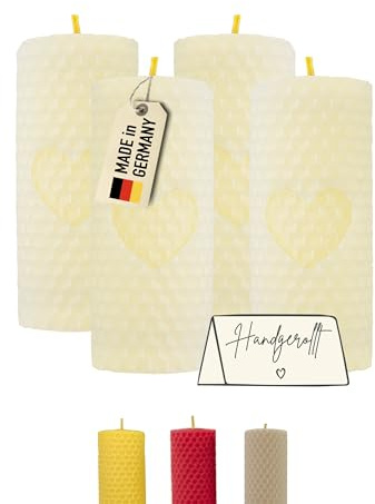 Wachsmann Velas de cera de abejas blancas con forma de corazón – 100% cera de abejas – Navidad y regalo – enrolladas a mano – Fabricado en Alemania – Juego de 4 velas de cera de abeja (4 × 10 cm, 6