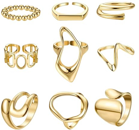 Fonyiunce 9 PCS Bague Femme Or, Bague Reglable Ouverts, Bague Femme Vintage Réglable, Ensemble de Bagues Empilables en Or, Minimaliste Bague Empilables, pour les Femmes et les Filles