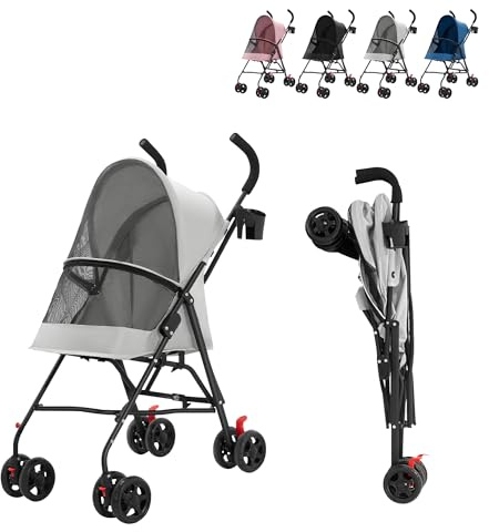 XUANYU Poussette Animaux de Compagnie avec Porte-gobelet, Voyages Transporteur pour Petits Chien Chat, Pliable Portable Landau pour Animaux, Jusqu'à 15 kg (Gris)