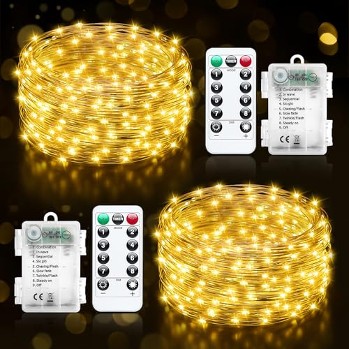Lot de 2 Guirlande lumineuse a Pile, 10M 100LED Guirlande LED à Pile en fil 8 Modes avec Télécommande Minuterie IP65 Etanche Guirlande LED pour intérieur et extérieur, chambre, mariage, fête, Noël