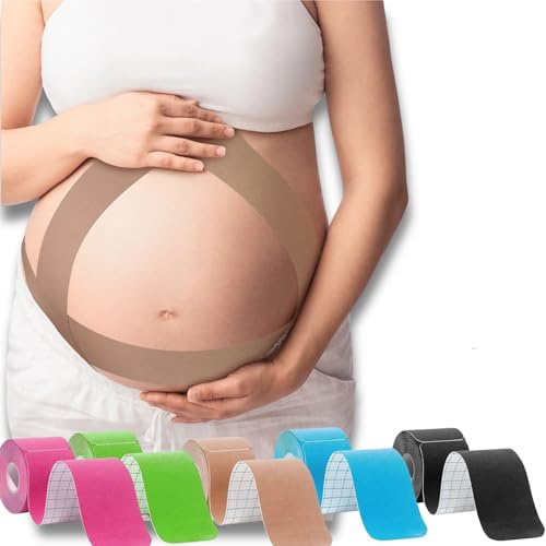 Precut Maternity Belly Support Kinesiology Tape, Gentle Skin-Friendly Adhesive Tape for Pregnant Belly, Bonus Bandage Scissors, Pregnancy Support Strips, Back Pain Relief Tape (Beige)